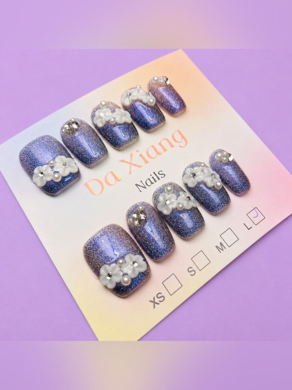 NEW Purple Glitter Short Square Press-On Nails | 3D Flowers/Pearls | Large